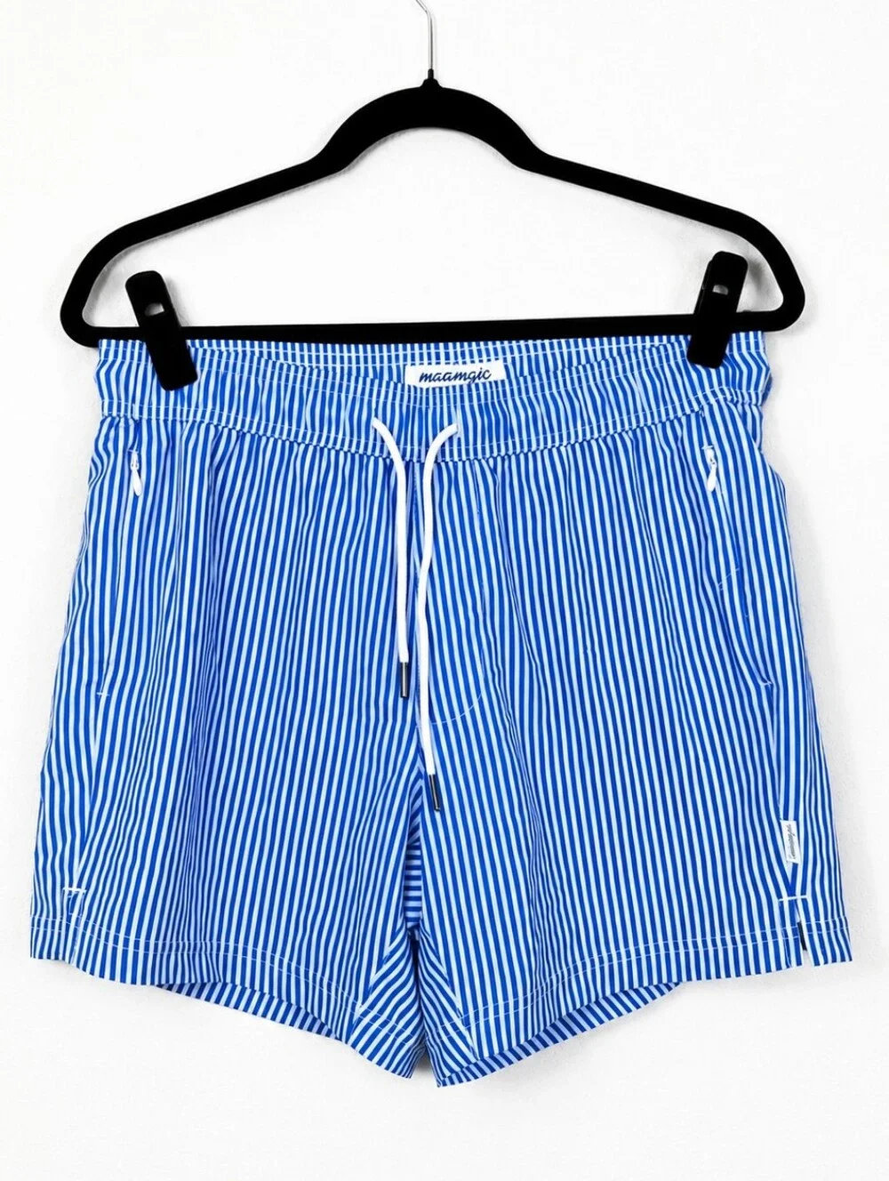Maamgic Blue White Striped Swim Trunks Men's Medium Lined Zip Pocket Beach